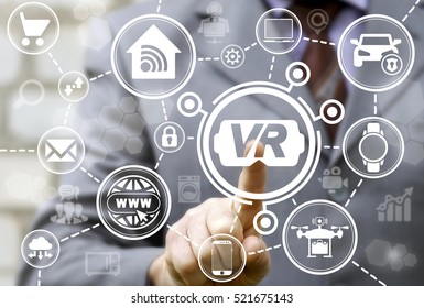 Virtual reality integration development business concept. Man presses VR glasses icon on touch screen. Box for smartphone. Smart house IoT integrate internet network communication web technology