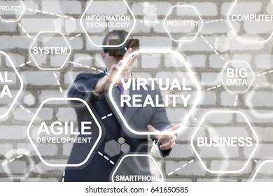 Virtual Reality Integration Information Technology Agile Development Industry Business Concept. Man in VR glasses offers icon virtual reality text on virtual touch screen. 3D designing, architecture.