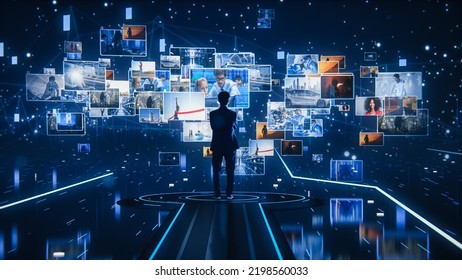 Virtual Reality Internet Interface: Asian Businessman Uses Smartphone in 3D Cyberspace Environment: Browses Websites, Enjoys Video Streaming Services, uses Social Media, Does e-Commerce - Shutterstock ID 2198560033