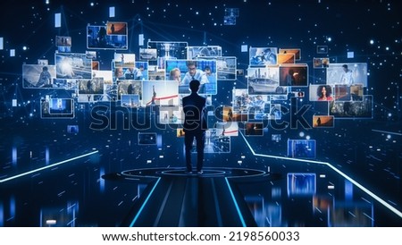 Virtual Reality Internet Interface: Asian Businessman Uses Smartphone in 3D Cyberspace Environment: Browses Websites, Enjoys Video Streaming Services, uses Social Media, Does e-Commerce Foto stock © 