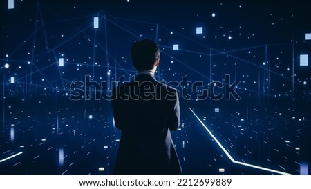 Virtual Reality Internet Interface: Asian Businessman Uses Smartphone in 3D Cyberspace Environment: Browses Websites, Watches Video Streaming Services, uses Social Media, does e-Commerce