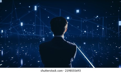 Virtual Reality Internet Interface Concept: Asian Businessman Uses Smartphone in 3D Cyberspace Environment: Browses Websites, Watches Video Streaming Services, uses Social Media, does e-Commerce