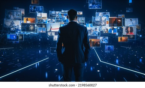 Virtual Reality Internet Interface Concept: Businessman in 3D Cyberspace World: Browses Content Websites, Watches Video Streaming Services, uses Social Media, does e-Commerce e-Business - Shutterstock ID 2198560027