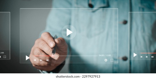 Virtual Reality Internet Interface Concept. social Media Social Networking Digital Device Browsing Concept. Big multimedia video and image on screen. Watches Video Streaming Services.