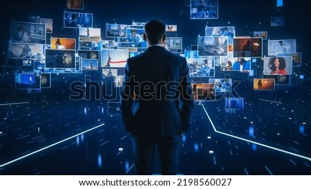 Virtual Reality Internet Interface Concept: Businessman in 3D Cyberspace World: Browses Content Websites, Watches Video Streaming Services, uses Social Media, does e-Commerce e-Business