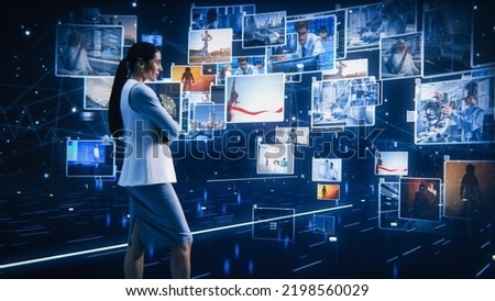Virtual Reality Internet Interface Concept: Beautiful Business Woman Stands in 3D Cyberspace: Browses Through Content Websites, Watches Video Streaming Services, uses Social Media, does e-Commerce