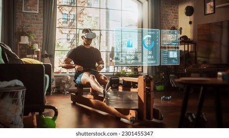 Virtual Reality Metaverse Futuristic Home Gym. Man Exercising on Row Machine Wearing Virtual Reality Headset, Infographics With Health Care Statistics and Graphs. Sportsman Using VR Workout Service - Powered by Shutterstock - Get 15% off with code: PIKWIZARD15