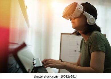 Virtual Reality Online Class Piano Lesson From Home, VR Musical Online Learning Conceptual. Piano Teacher Instructing Student From VR Technology.