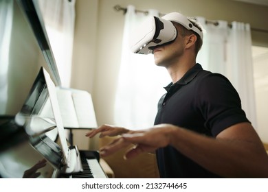 Virtual Reality Online Class Piano Lesson From Home, VR Musical Online Learning Conceptual. Piano Teacher Instructing Student From VR Technology.