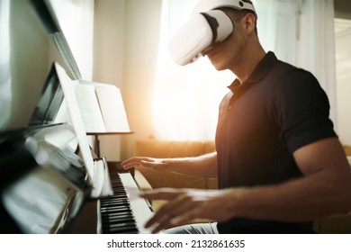 Virtual Reality Online Class Piano Lesson From Home, VR Musical Online Learning Conceptual. Piano Teacher Instructing Student From VR Technology. Music 3D