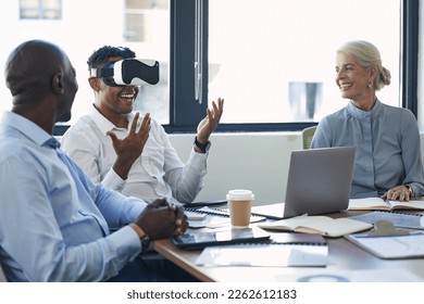 Virtual reality, people meeting and future technology with software test and company metaverse experience. VR glasses of digital team, employees or happy business group in futuristic database review - Powered by Shutterstock