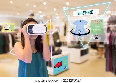 Virtual Reality Store Shopping Concept.Woman Using VR Headsets Having Experience In Virtual Shopping Store
