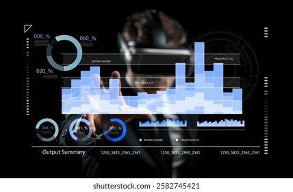 A virtual reality user engages with captivating data visualization, showcasing bar graphs and digital interfaces in a high-tech environment, symbolizing innovation.