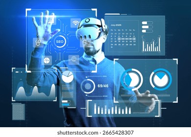 Virtual reality user interacts with data analytics in futuristic digital environment
