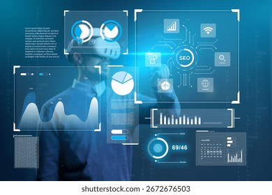 Virtual reality user interacts with data analytics and digital marketing graphics in futuristic setting