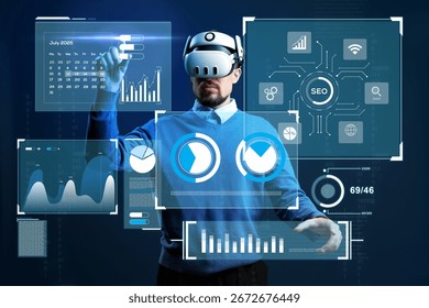 Virtual reality user interacts with immersive data visualizations in modern office setting during July 2025