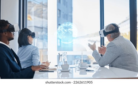 Virtual reality, vr earth hologram or business meeting collaboration, augmented reality or ai software. Digital transformation, future metaverse or diversity team planning global networking strategy - Powered by Shutterstock