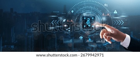Virtual Reality (VR): Businessman’s hand touching futuristic technological interface, immersive experiences, 3D visualization, interactive environments, simulation business solutions.