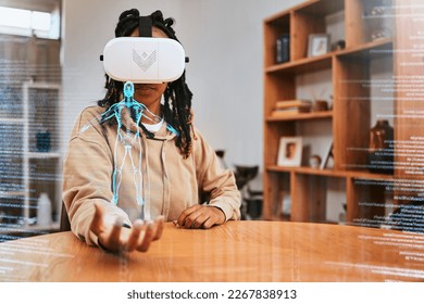 Virtual reality, vr and woman with human body hologram for digital research, online study or e learning. 3d anatomy, augmented reality overlay and African medical student with ai metaverse innovation