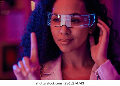Virtual reality, woman and press screen with digital world, metaverse and 3D, password and fingerprint for identity. Cybersecurity, VR and future tech with scifi, privacy lock and data protection