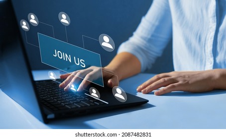 Virtual  screen with advertise hiring opportunities. Membership hiring and join us team recruitment.Human resources recruitment concept.