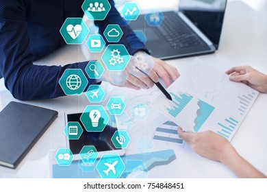 Virtual screen business interface. Business strategy and marketing. Internet and modern technology in business administration as concept.