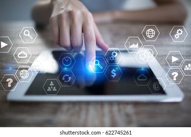 Virtual screen interface with applications icons. APPS. Work Business process in modern office. Strategy planning  Internet technology concept. 