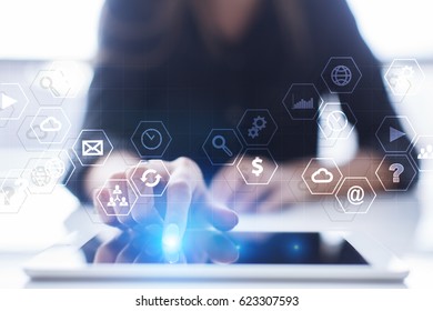 Virtual screen interface with applications icons. APPS. Work Business process in modern office. Strategy planning  Internet technology concept.