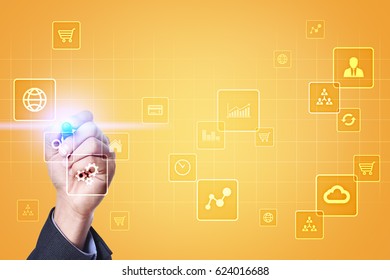Virtual screen interface with applications icons. APPS. Work Business process in modern office. Strategy planning  Internet technology concept.