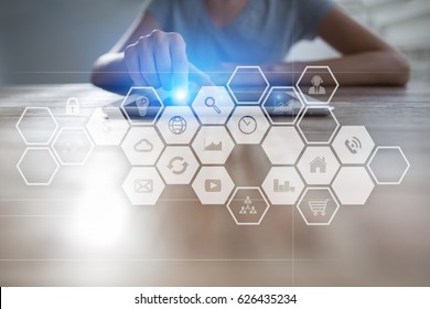 Virtual screen interface with applications icons. APPS. Work Business process in modern office. Strategy planning  Internet technology concept.
