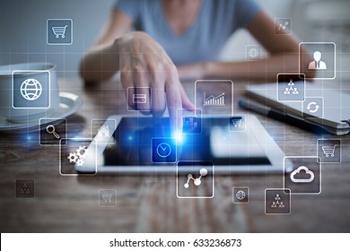 Virtual screen interface with applications icons. APPS. Work Business process in modern office. Strategy planning  Internet technology concept.