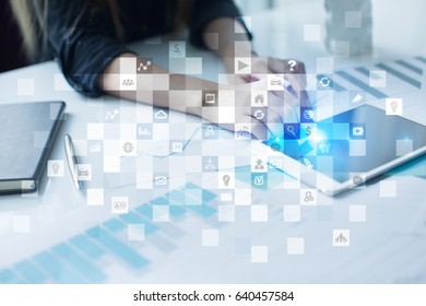 Virtual screen interface with applications icons. APPS. Work Business process in modern office. Strategy planning  Internet technology concept.