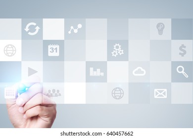 Virtual screen interface with applications icons. APPS. Work Business process in modern office. Strategy planning  Internet technology concept.