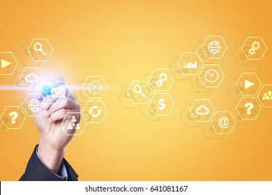 Virtual screen interface with applications icons. APPS. Work Business process in modern office. Strategy planning  Internet technology concept.