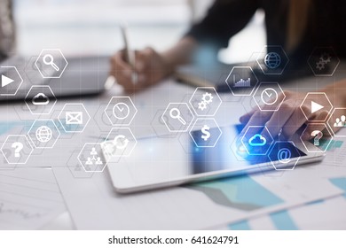 Virtual screen interface with applications icons. APPS. Work Business process in modern office. Strategy planning  Internet technology concept.