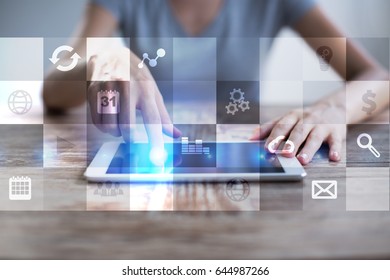 Virtual screen interface with applications icons. APPS. Work Business process in modern office. Strategy planning  Internet technology concept.