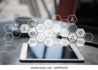 Virtual screen interface with applications icons. APPS. Work Business process in modern office. Strategy planning  Internet technology concept.