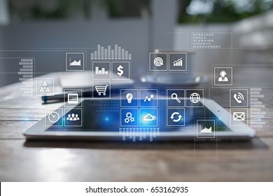 Virtual screen interface with applications icons. APPS. Work Business process in modern office. Strategy planning  Internet technology concept. - Powered by Shutterstock