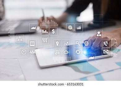 Virtual screen interface with applications icons. APPS. Work Business process in modern office. Strategy planning  Internet technology concept.
