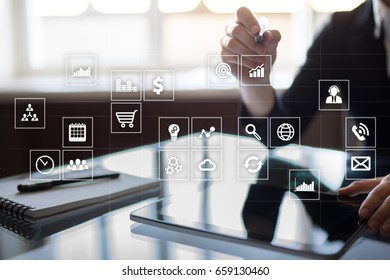 Virtual screen interface with applications icons. APPS. Work Business process in modern office. Strategy planning  Internet technology concept.