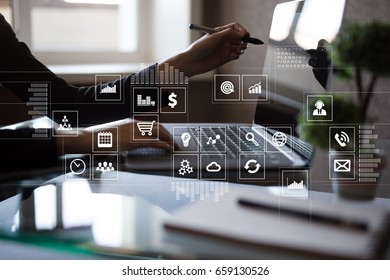 Virtual screen interface with applications icons. APPS. Work Business process in modern office. Strategy planning  Internet technology concept.