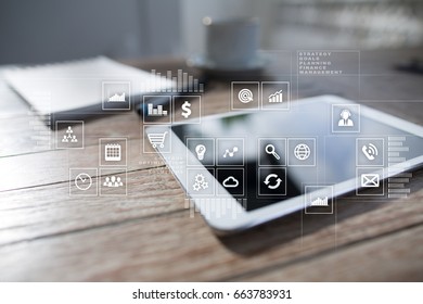 Virtual screen interface with applications icons. APPS. Work Business process in modern office. Strategy planning  Internet technology concept.