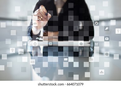 Virtual screen interface with applications icons. APPS. Work Business process in modern office. Strategy planning  Internet technology concept.