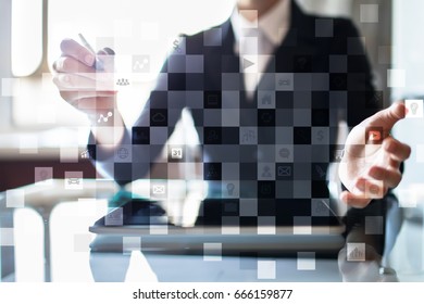 Virtual screen interface with applications icons. APPS. Work Business process in modern office. Strategy planning  Internet technology concept.