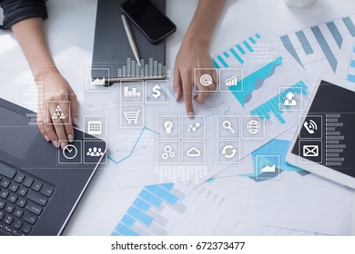 Virtual screen interface with applications icons. APPS. Work Business process in modern office. Strategy planning  Internet technology concept.