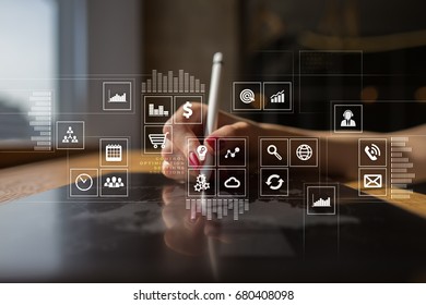 Virtual screen interface with applications icons. APPS. Work Business process in modern office. Strategy planning  Internet technology concept.