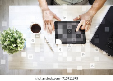 Virtual screen interface with applications icons. APPS. Work Business process in modern office. Strategy planning  Internet technology concept.