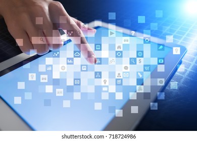 Virtual screen interface with applications icons. APPS. Work Business process in modern office. Strategy planning  Internet technology concept.