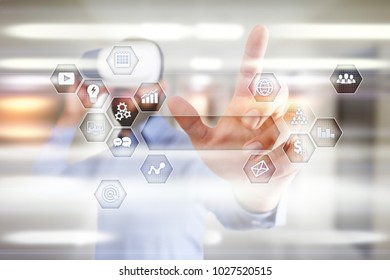 Virtual screen interface with icons and empty space for text. Business, internet and technology background.