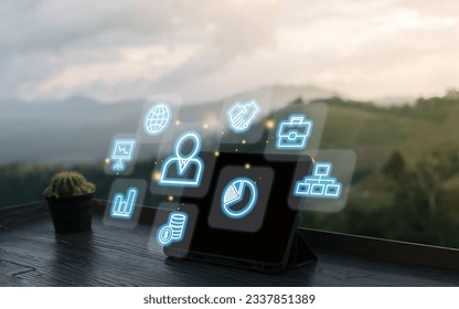 Virtual screen interface with icons and empty space for text. Business, internet and technology background.